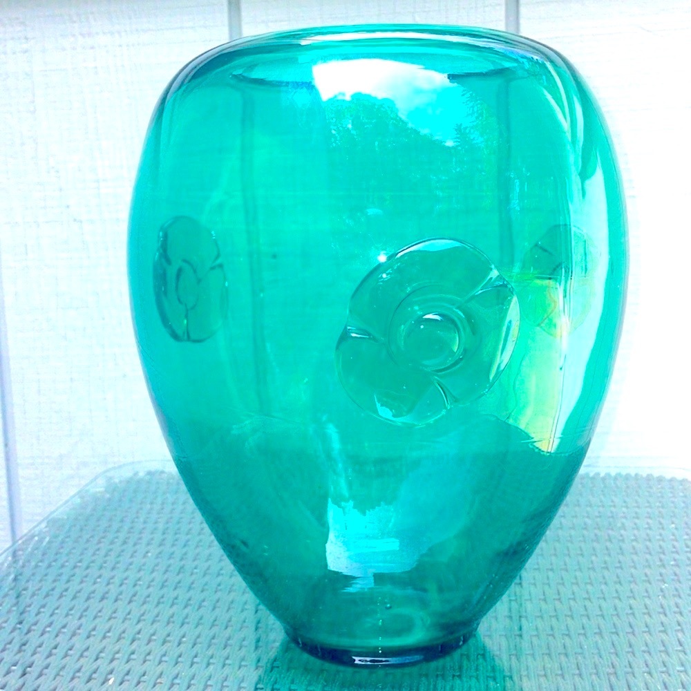 Handblown Blenko Glass Green Decorative Vase Vintage Applied Rosettes 10 3/4” H